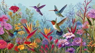 蜂鸟在缤纷花丛中飞舞