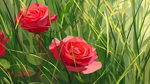 红玫瑰绽于葱郁绿草间