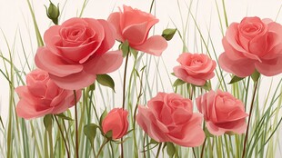 粉色玫瑰绽放于绿草间