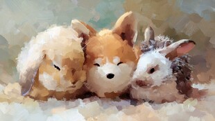 三只萌宠依偎的温馨画面