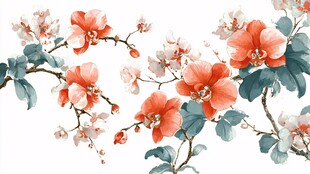 手绘橘色花卉枝叶图案