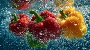 彩椒入水溅起晶莹水花