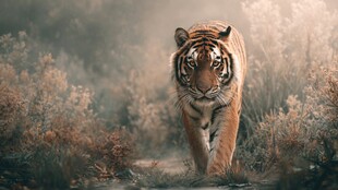 独行猛虎漫步于雾霭丛林