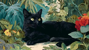 黑猫卧于繁茂植物间