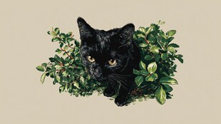 黑猫藏于绿叶间