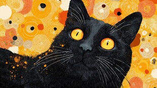 黑猫凝视多彩梦幻背景