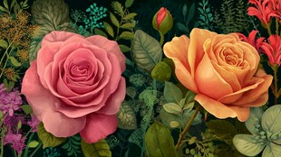 两朵娇艳玫瑰的花卉图景