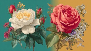 复古花卉插画 白玫与红玫