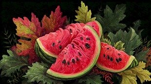 西瓜与秋叶的缤纷组合