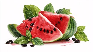 水彩绘西瓜与薄荷叶