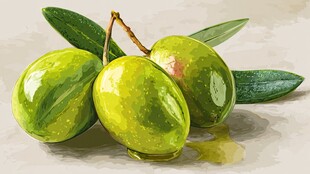 水彩画中的鲜绿橄榄果