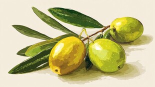 手绘青橄榄与枝叶图