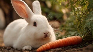 白兔卧地伴鲜胡萝卜