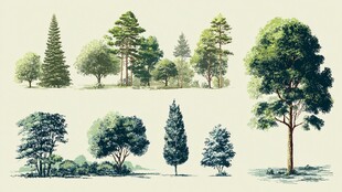 手绘多样树木景观图