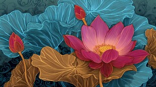 中式荷花花卉精致插画