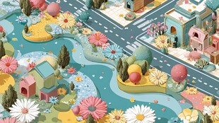 梦幻多彩卡通城市景观图