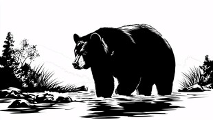 黑熊漫步于水边丛林