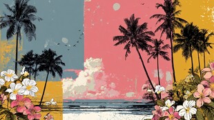 热带海滨花卉棕榈树美景