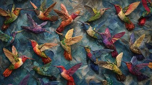 群蜂鸟在蓝背景中飞舞