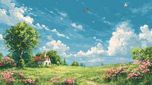 田园风光 花海 小屋与蓝天