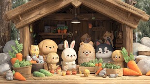 动物们在木屋前的欢乐聚会