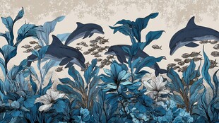 海洋梦幻海豚植物插画