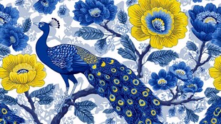 蓝黄花卉间的孔雀图案