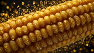 金黄玉米水珠飞溅特写