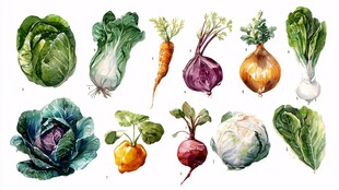 水彩绘多样新鲜蔬菜