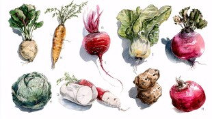 多样蔬菜水彩画展示