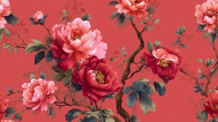 中式红底牡丹花卉图案