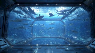 透过舷窗看深海群鲨游动