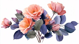 淡粉玫瑰水彩花卉插画