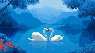 湖畔双天鹅的浪漫之景