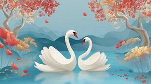 秋日双天鹅浪漫水景图