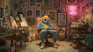 熊猫艺术家坐于艺术工作室