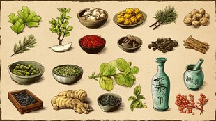 手绘多样香料与草本植物