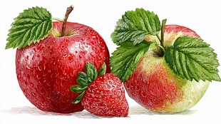 水彩绘红苹果与草莓