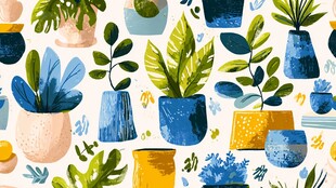 手绘多彩盆栽植物图案