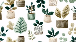 手绘盆栽植物无缝图案