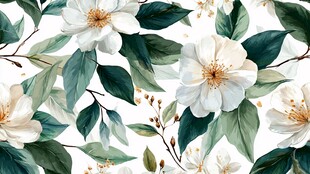 白色山茶花绿叶水彩图案