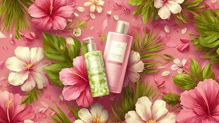 花卉环绕的精致洗护产品