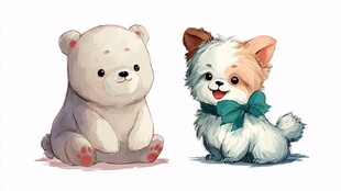 可爱小熊与小狗萌趣同框