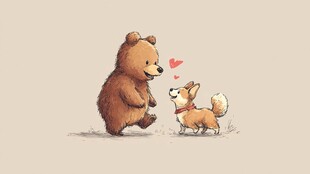 棕熊与柯基的甜蜜互动