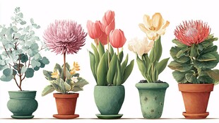 多彩盆栽花卉艺术插画