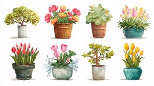 多样盆栽花卉插画展示