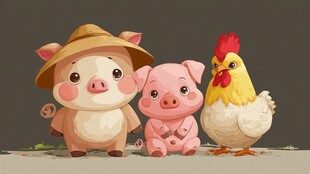 田园风小猪与公鸡的合影
