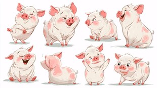 可爱小猪的多样俏皮姿态