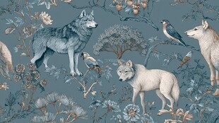 狼与飞鸟的自然花卉图景