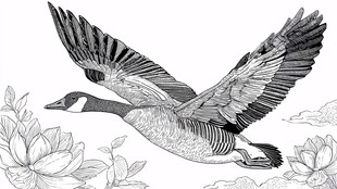 飞翔的大雁与花卉图案